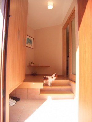 玄関ホール。腰掛けて靴をはける部分がある玄関框。