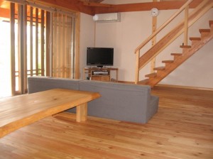 キッチンからリビングを見る。